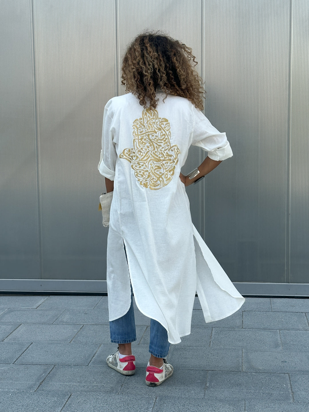 Bella White Linen Shirt Dress / Embroidered with the Hamsa Hand design