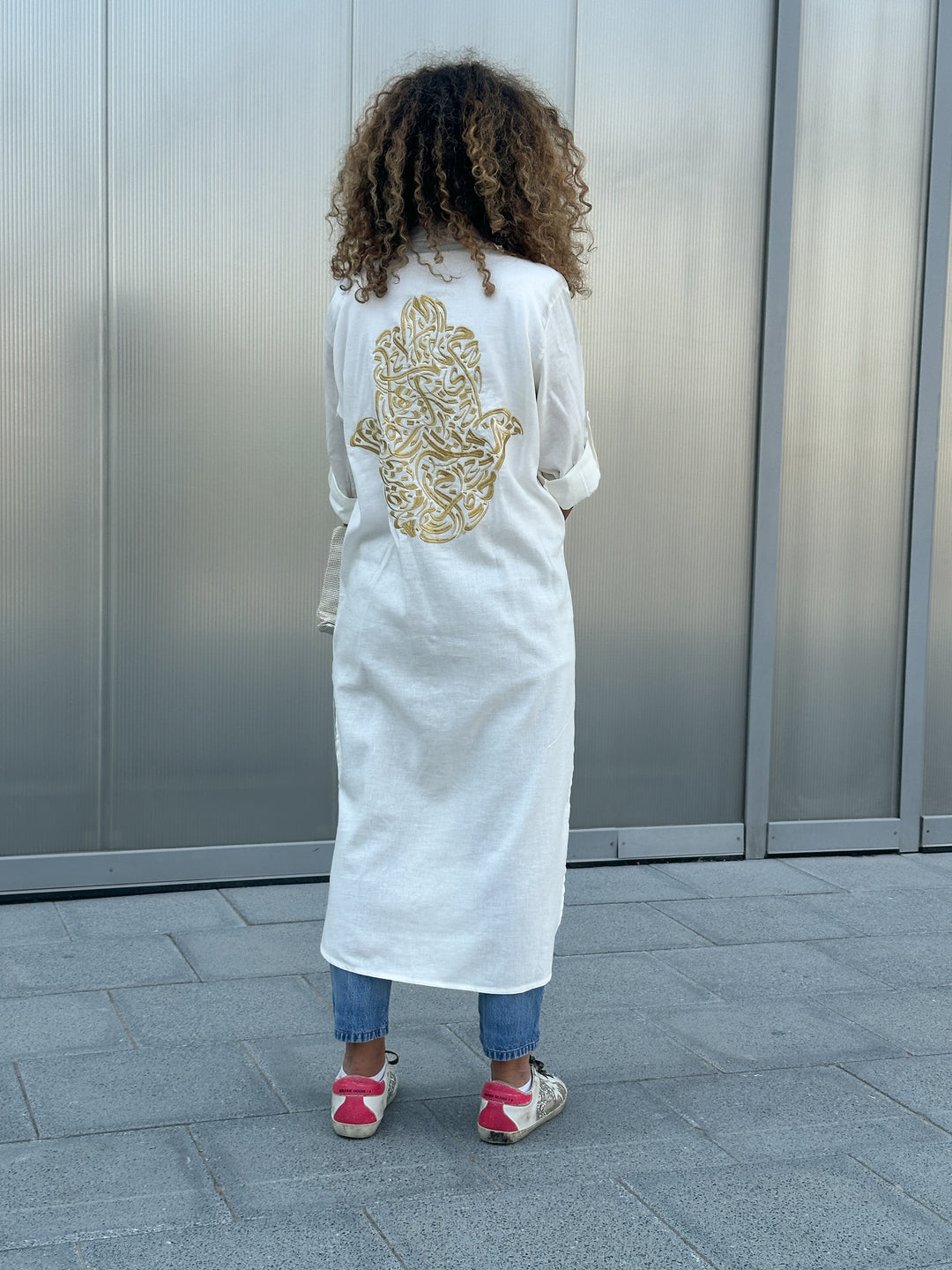 Bella White Linen Shirt Dress / Embroidered with the Hamsa Hand design