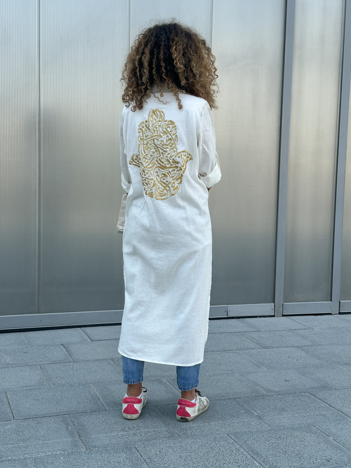 Bella White Linen Shirt Dress / Embroidered with the Hamsa Hand design