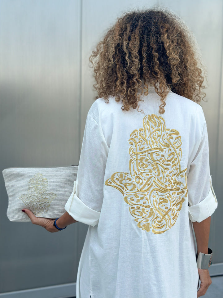 Bella White Linen Shirt Dress / Embroidered with the Hamsa Hand design