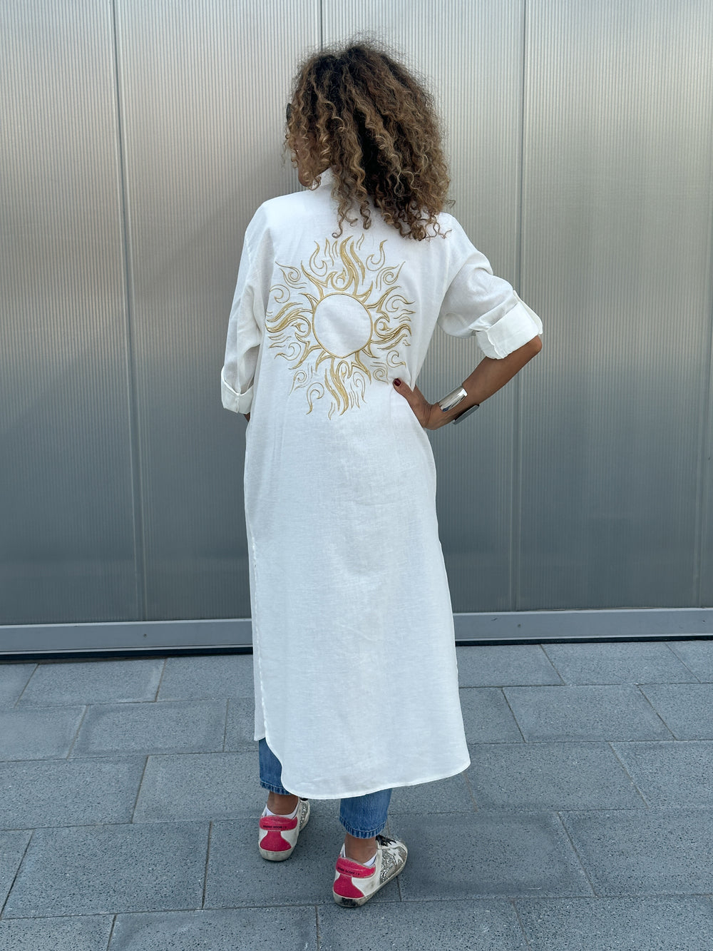 Bella White Linen Shirt Dress / Embroidered with the Sun design