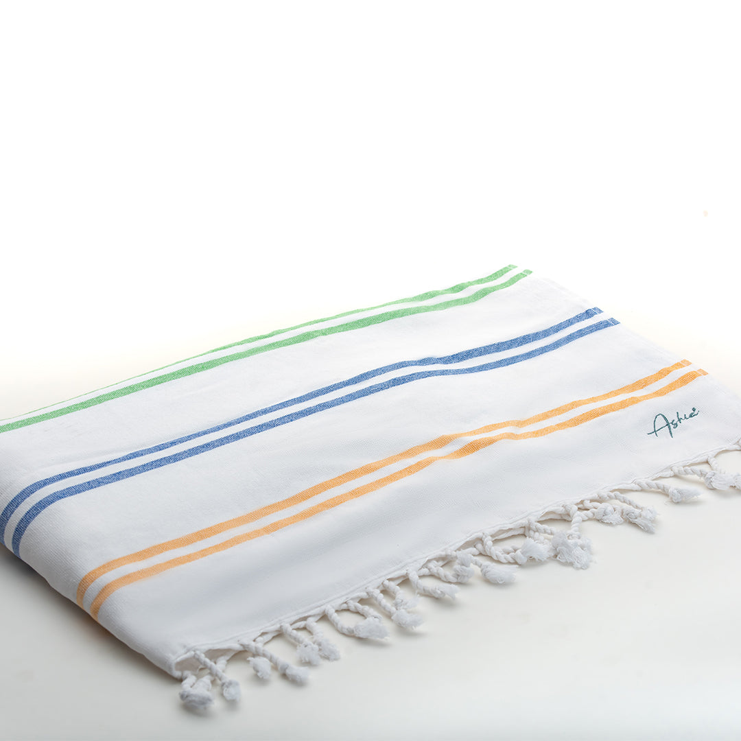 Lagoon Turkish Beach Towel - 100% Organic Cotton / Striped in red, yellow, green & blue