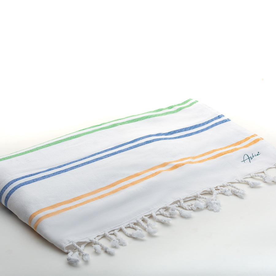 Lagoon Turkish Beach Towel - 100% Organic Cotton / Striped in red, yellow, green & blue