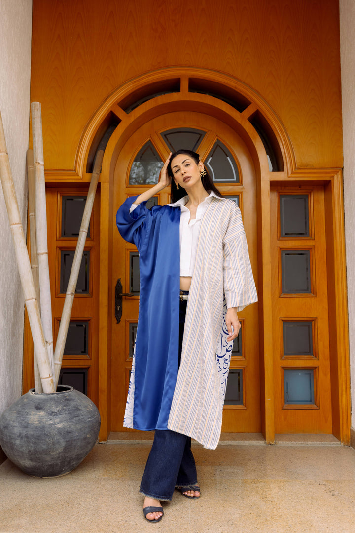 Limited Edition Mixed Fabric Blue Abaya - Vertical cut with Arabic Calligraphy