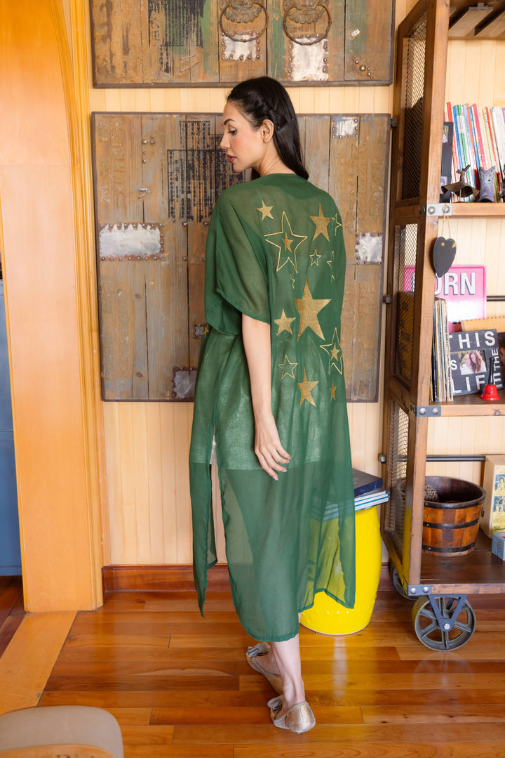 Luna's Celestial: Embroidered Star Najaf Olive Green Kaftan