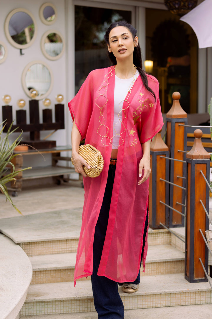 Luna's Celestial: Embroidered Star Najaf Kaftan in Watermelon Color