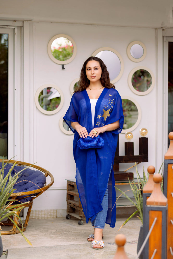 Luna's Celestial: Embroidered Star Najaf Blue Kaftan 