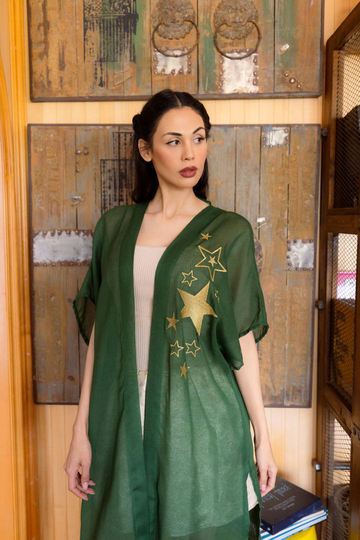 Luna's Celestial: Embroidered Star Najaf Olive Green Kaftan