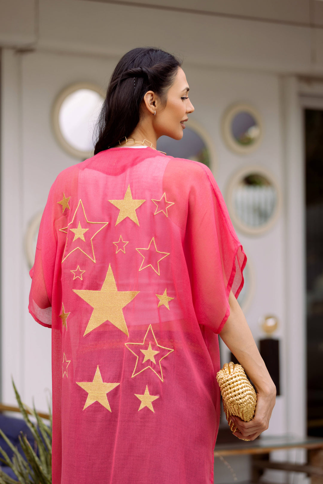 Luna's Celestial: Embroidered Star Najaf Kaftan in Watermelon Color