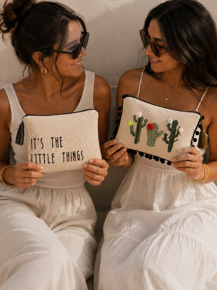 Viva Eco-friendly Canvas Pouch / Embroidered with the cactus with pompoms design & waterproof on the inside
