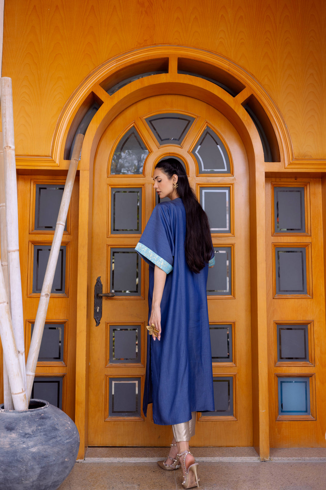 Sapphire Dream Kaftan – Aqua & Gold Arabic Calligraphy | Ashia Clothing Store