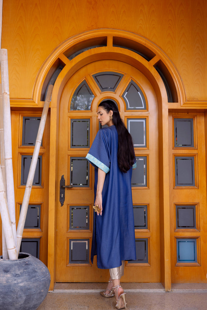 Sapphire Dream Kaftan – Aqua & Gold Arabic Calligraphy | Ashia Clothing Store