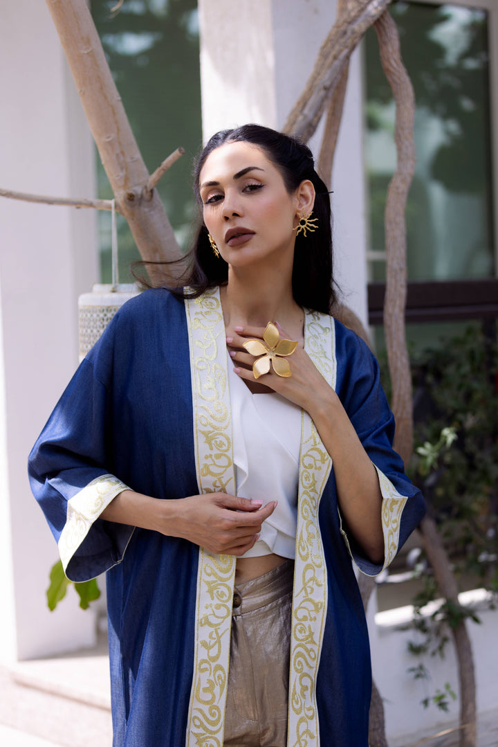 Sapphire Dream Kaftan – Adorned in Golden Arabic Calligraphy | Ashia Clothing