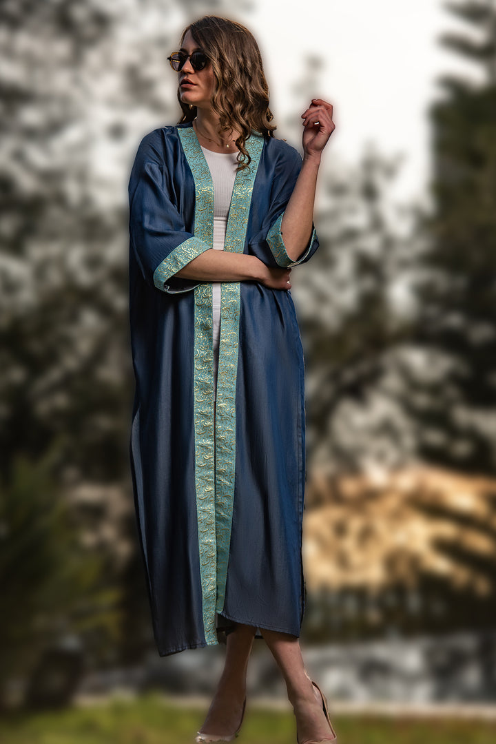 Sapphire Dream Kaftan – Aqua & Gold Arabic Calligraphy | Ashia Clothing Store