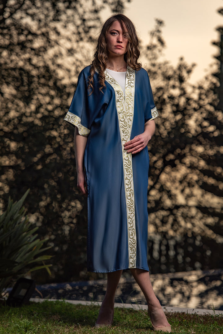 Sapphire Dream Kaftan – Adorned in Golden Arabic Calligraphy | Ashia Clothing