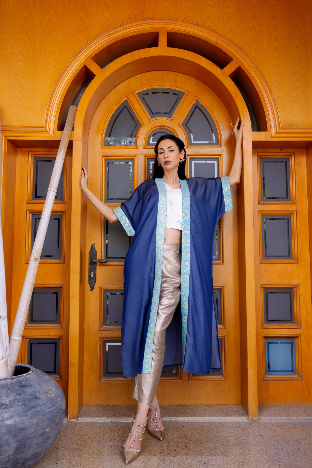 Sapphire Dream Kaftan – Aqua & Gold Arabic Calligraphy | Ashia Clothing Store