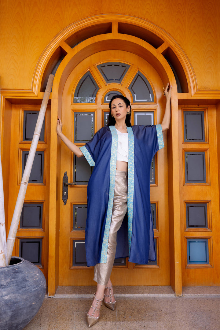 Sapphire Dream Kaftan – Aqua & Gold Arabic Calligraphy | Ashia Clothing Store