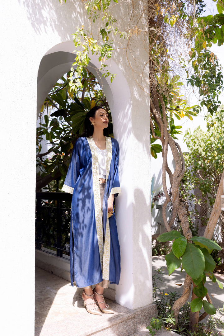 Sapphire Dream Kaftan – Adorned in Golden Arabic Calligraphy | Ashia Clothing