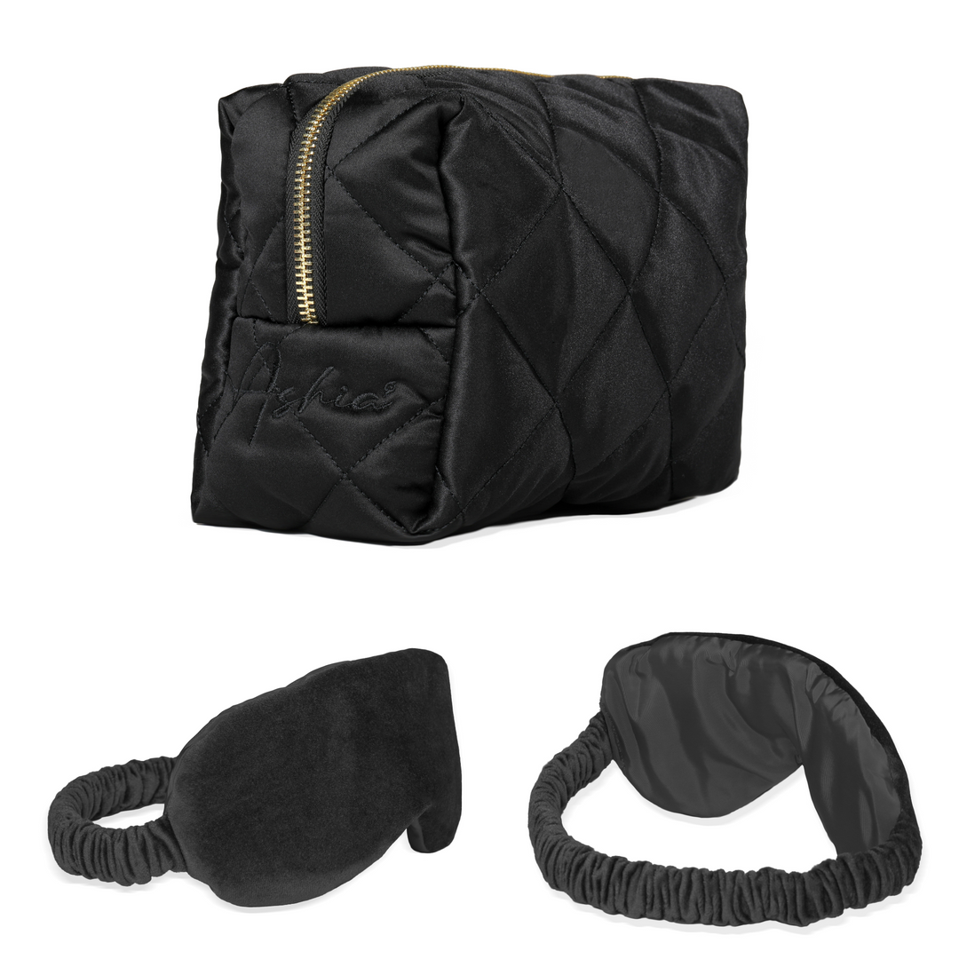 Satin Set - Matching Pouch and Eye Mask Cover. Waterproof lining with a Diamond Pattern
