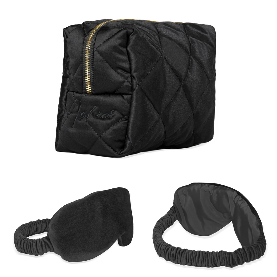Satin Set - Matching Pouch and Eye Mask Cover. Waterproof lining with a Diamond Pattern