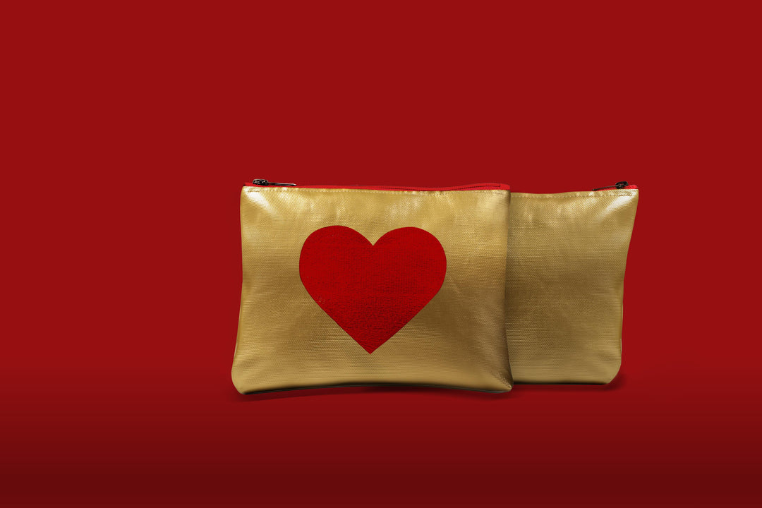 Sparkle Gold Leather Pouch Embroidered with a Red Heart & waterproof on the inside