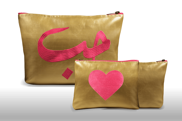 Sparkle Gold Leather Pouch / Embroidered with "حب" in Fuchsia & waterproof on the inside