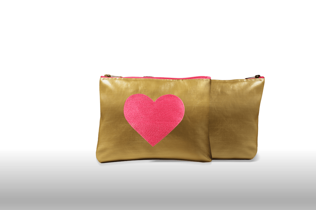 Sparkle Gold Leather Pouch Embroidered with a Fuchsia Heart & waterproof on the inside