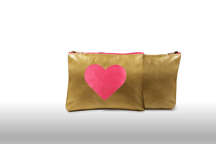 Sparkle Gold Leather Pouch Embroidered with a Fuchsia Heart & waterproof on the inside
