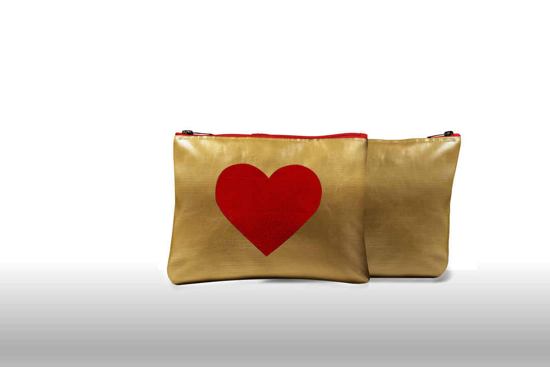 Sparkle Gold Leather Pouch Embroidered with a Red Heart & waterproof on the inside