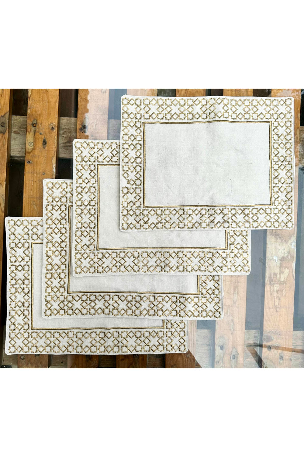 The Arabesque Embroidered Table Placemats from raw cotton - Bronze & Sage