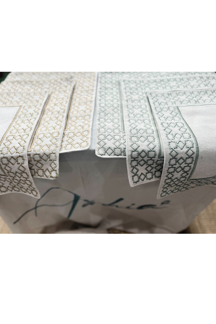 The Arabesque Embroidered Table Placemats from raw cotton - Bronze & Sage