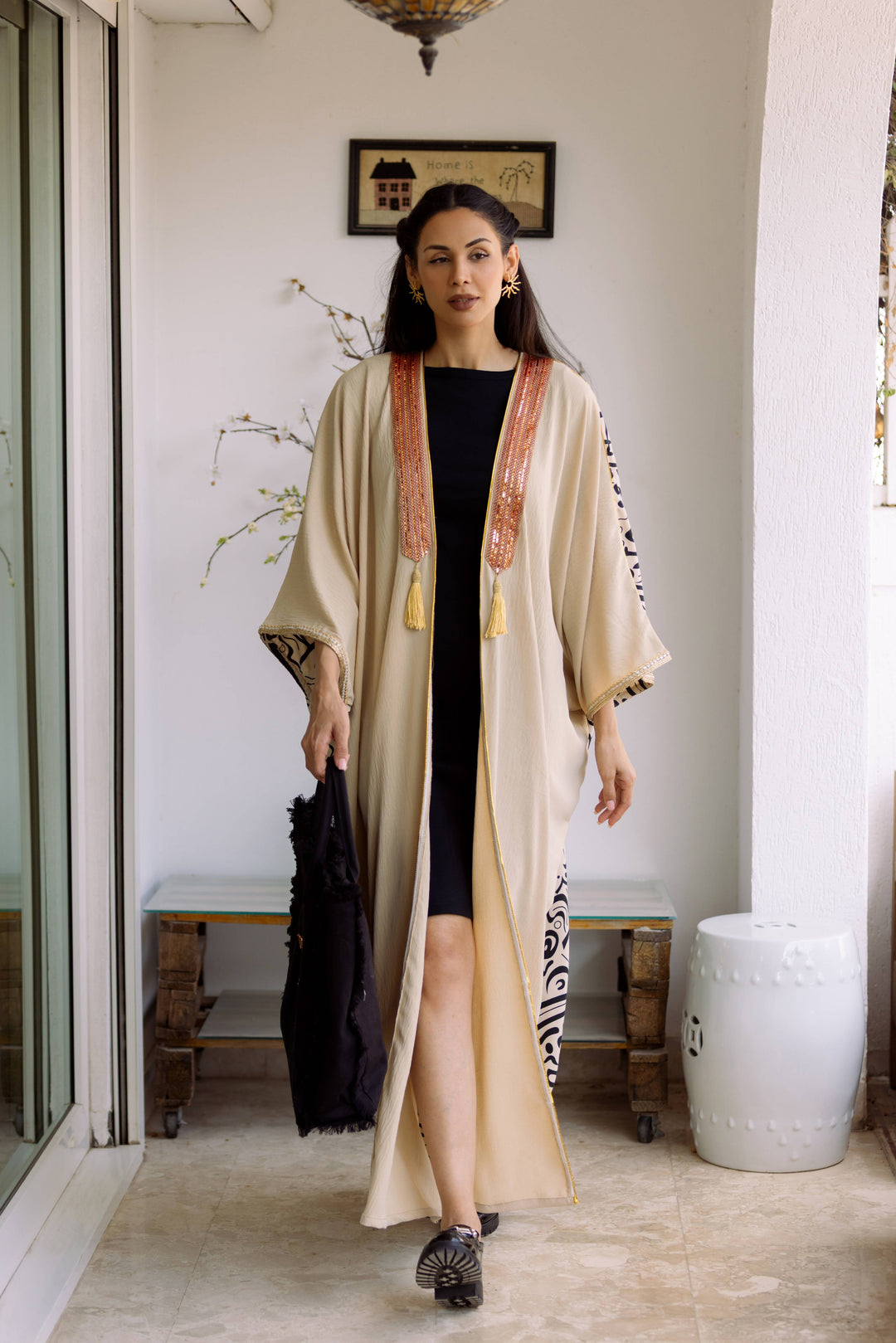 Timeless Grace: Beige & Brown Tonal Abaya with Black Arabic Calligraphy