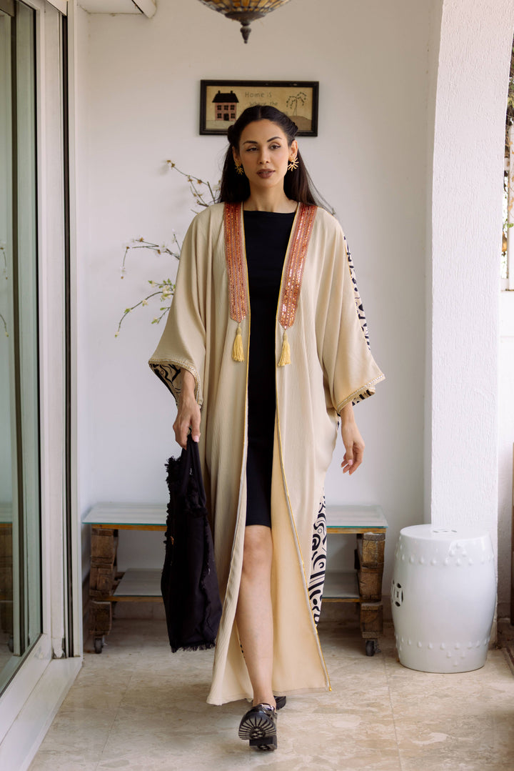 Timeless Grace: Beige & Brown Tonal Abaya with Black Arabic Calligraphy