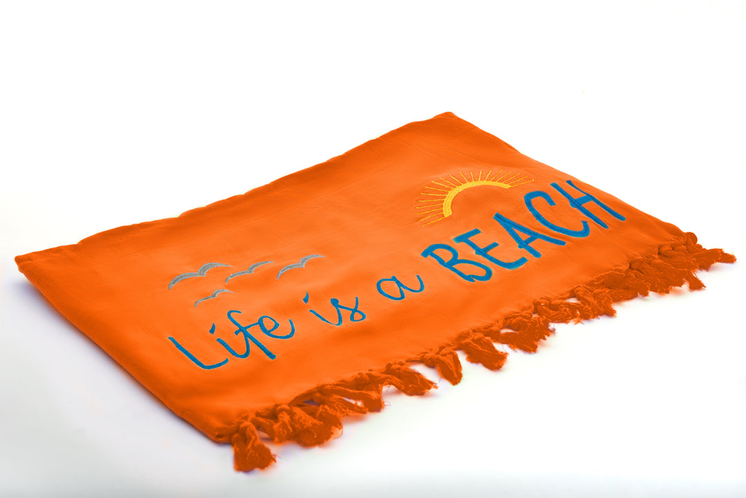 Rio Turkish Beach Towel - 100% Organic Cotton / Embroidered with "Life is a Beach"