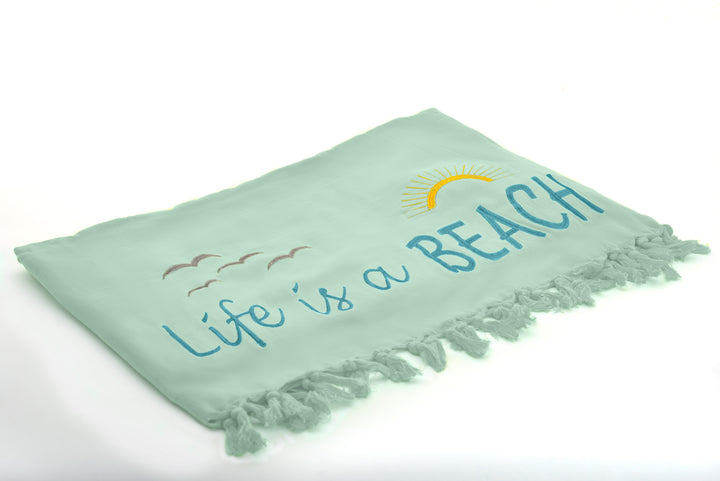 Rio Turkish Beach Towel - 100% Organic Cotton / Embroidered with "Life is a Beach"