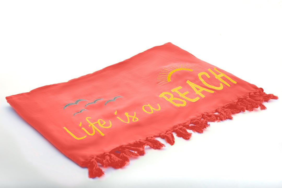 Rio Turkish Beach Towel - 100% Organic Cotton / Embroidered with "Life is a Beach"