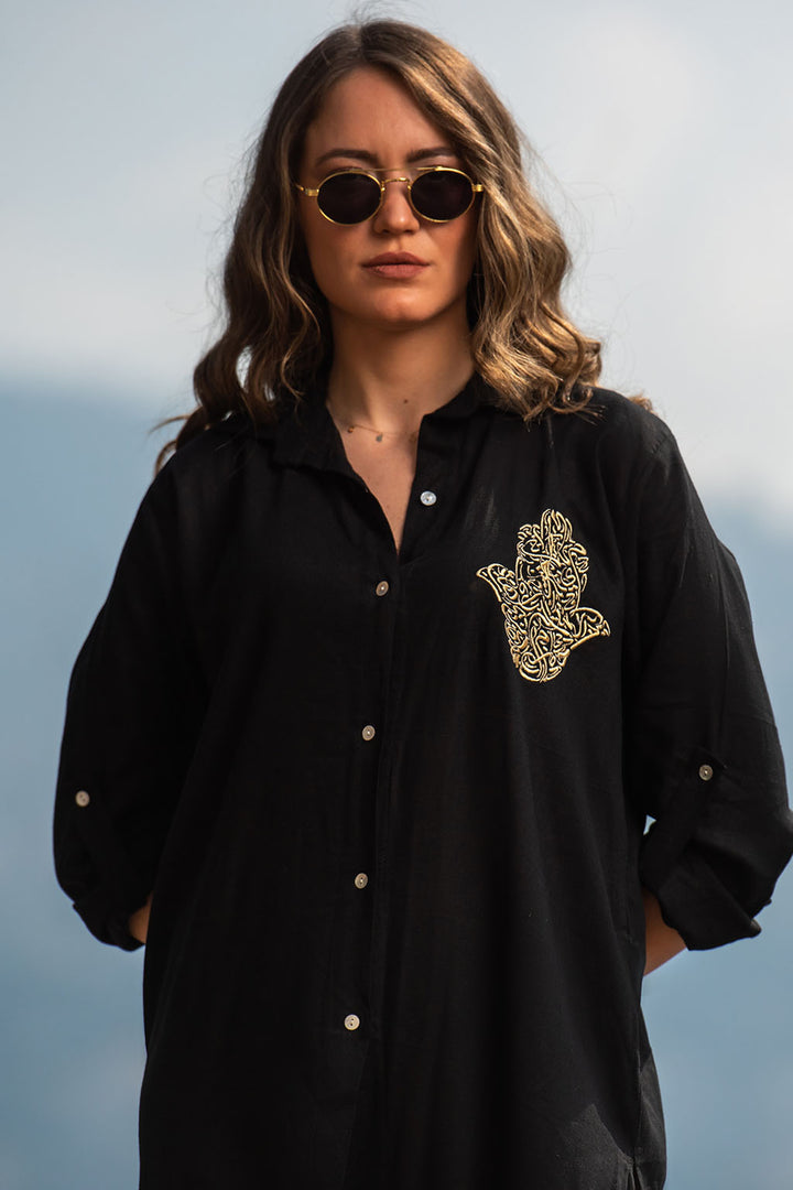 Bella Black Linen Shirt Dress / Embroidered with the Hamsa hand design