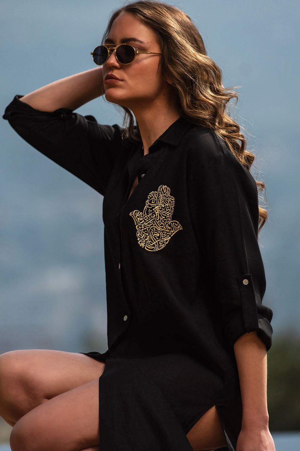 Bella Black Linen Shirt Dress / Embroidered with the Hamsa hand design