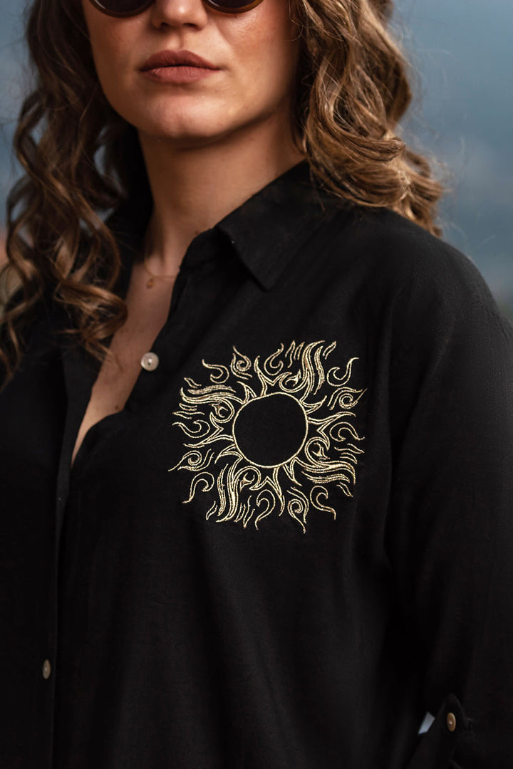 Bella Black Linen Shirt Dress / Embroidered with the Sun design