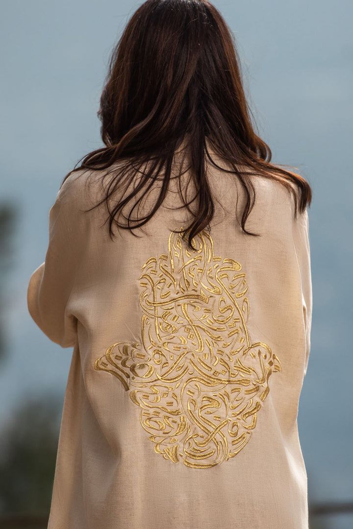 Bella Beige Linen  Shirt Dress / Embroidered with the Hamsa hand design