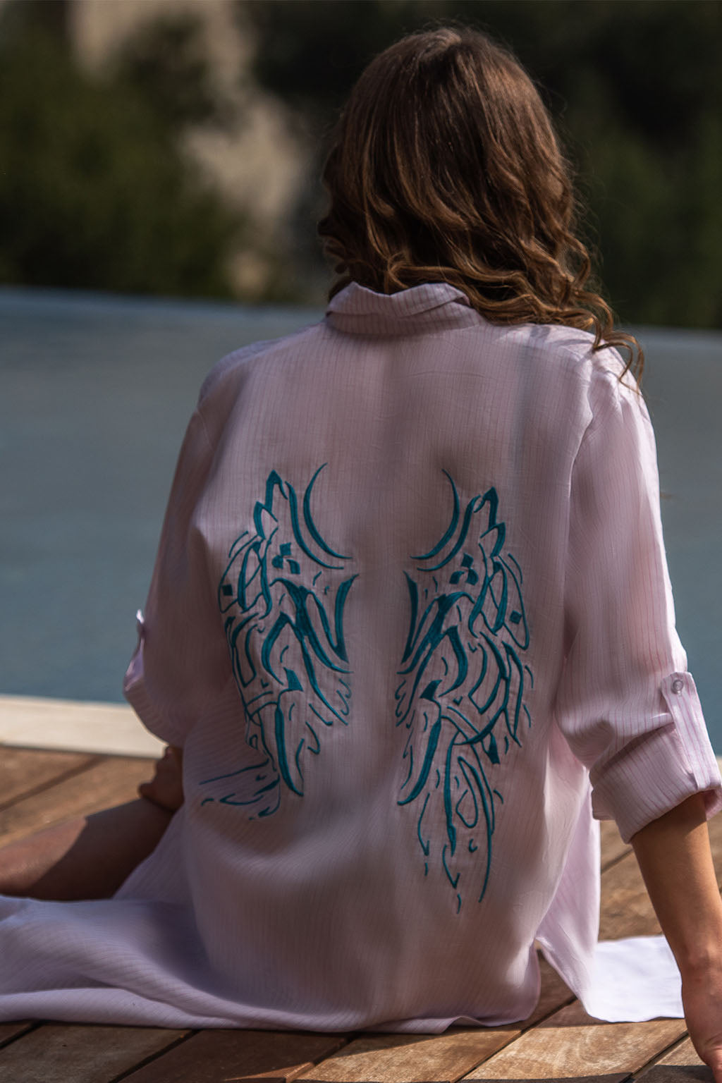 Karma Limited Edition Pink Striped Linen Shirt Dress / Wings Embroidery