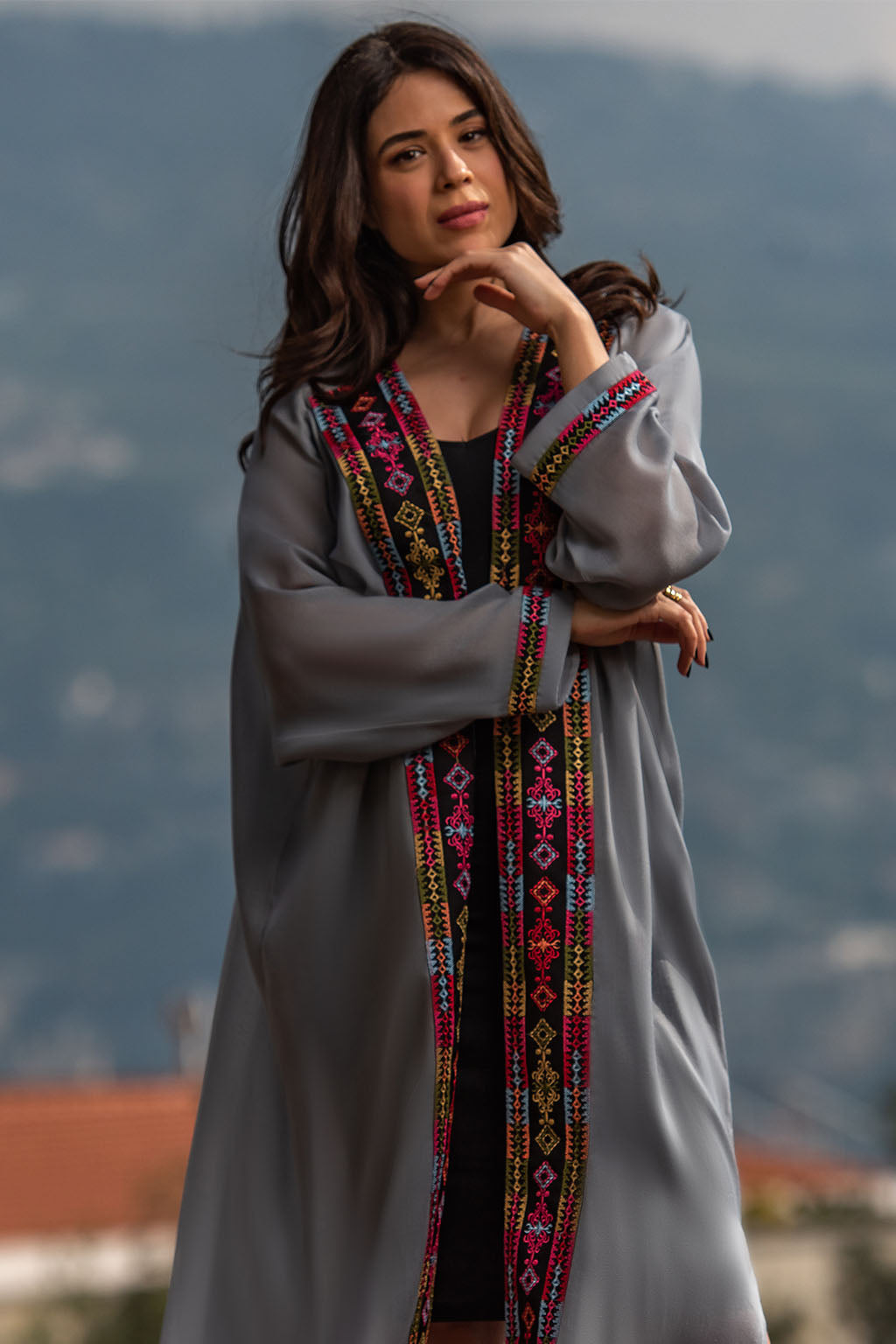 Najaf Whispers Grey Kaftan / Adorned with bedouin embroidery