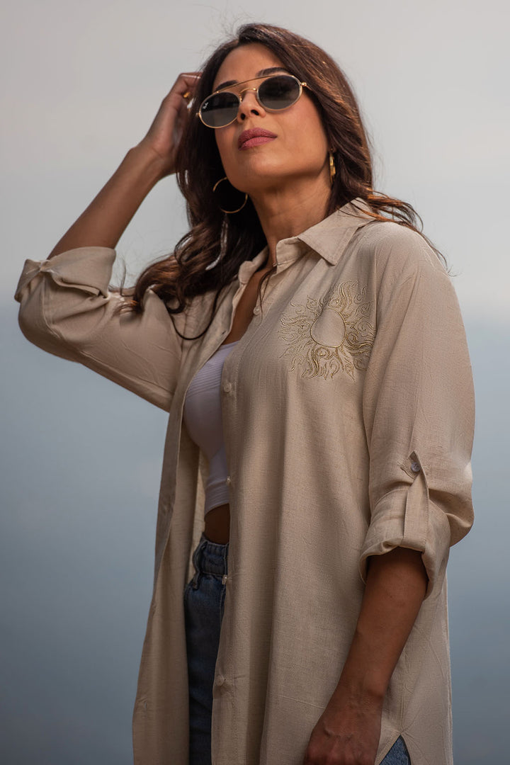 Bella Beige Linen  Shirt Dress / Embroidered with the Sun design