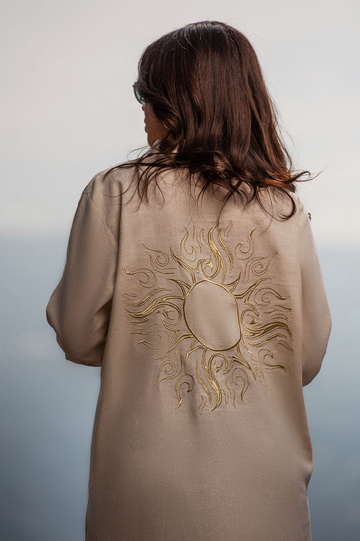 Bella Beige Linen  Shirt Dress / Embroidered with the Sun design