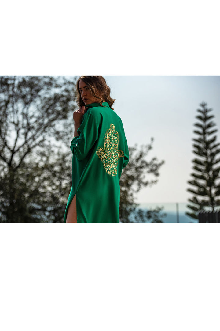 Bella Green Linen Shirt Dress / Embroidered with the Hamsa hand design