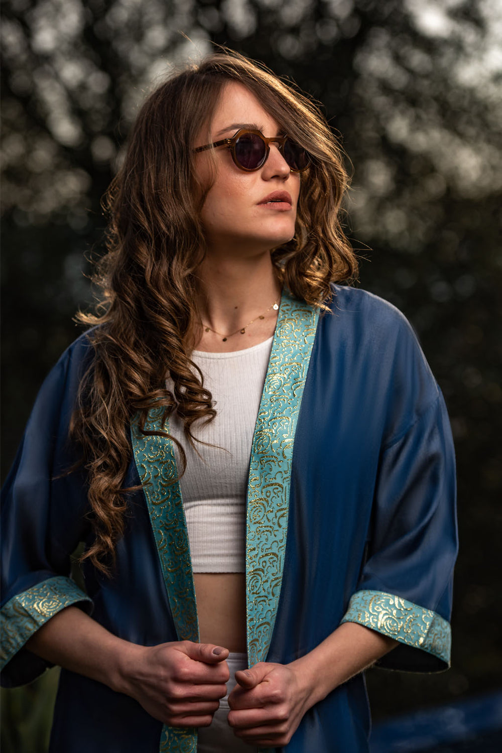 Sapphire Dream Kaftan / Adorned with aqua and golden Arabic calligraphy