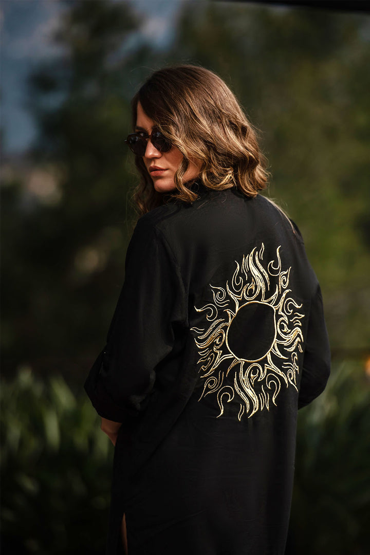 Bella Black Linen Shirt Dress / Embroidered with the Sun design