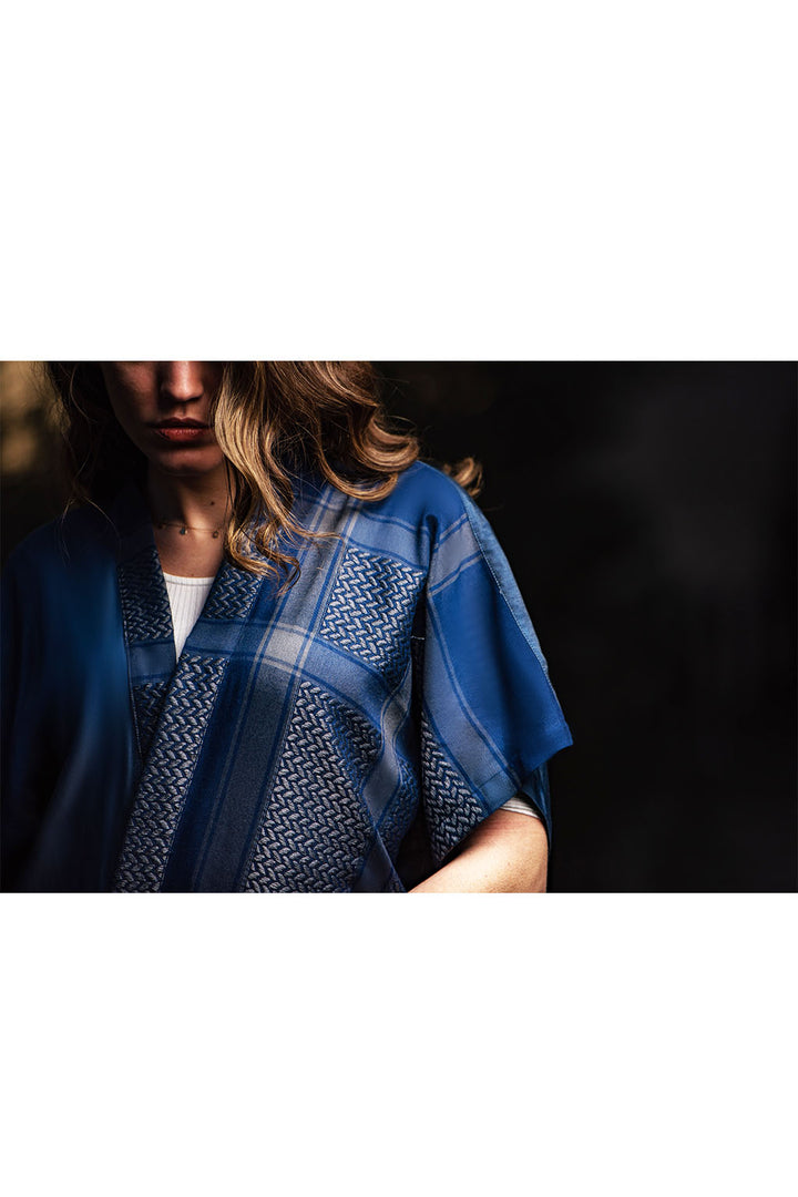 Sapphire Dream Short Sleeved Kaftan / Adorned with blue Kafieh