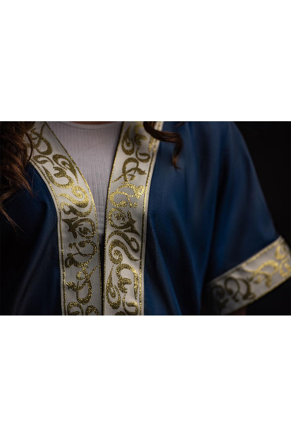 Sapphire Dream Kaftan / Adorned with white and golden Arabic calligraphy