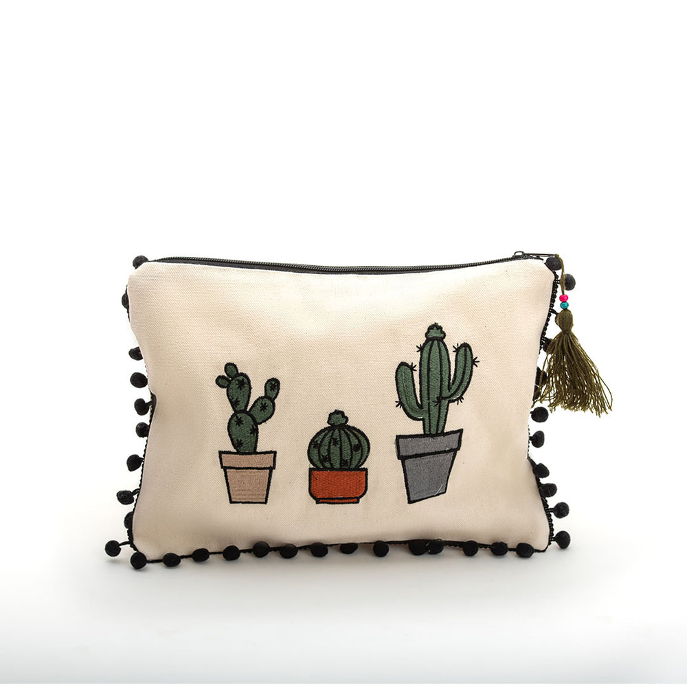 Viva Eco-friendly Canvas Pouch / Embroidered with the cactus design & waterproof on the inside